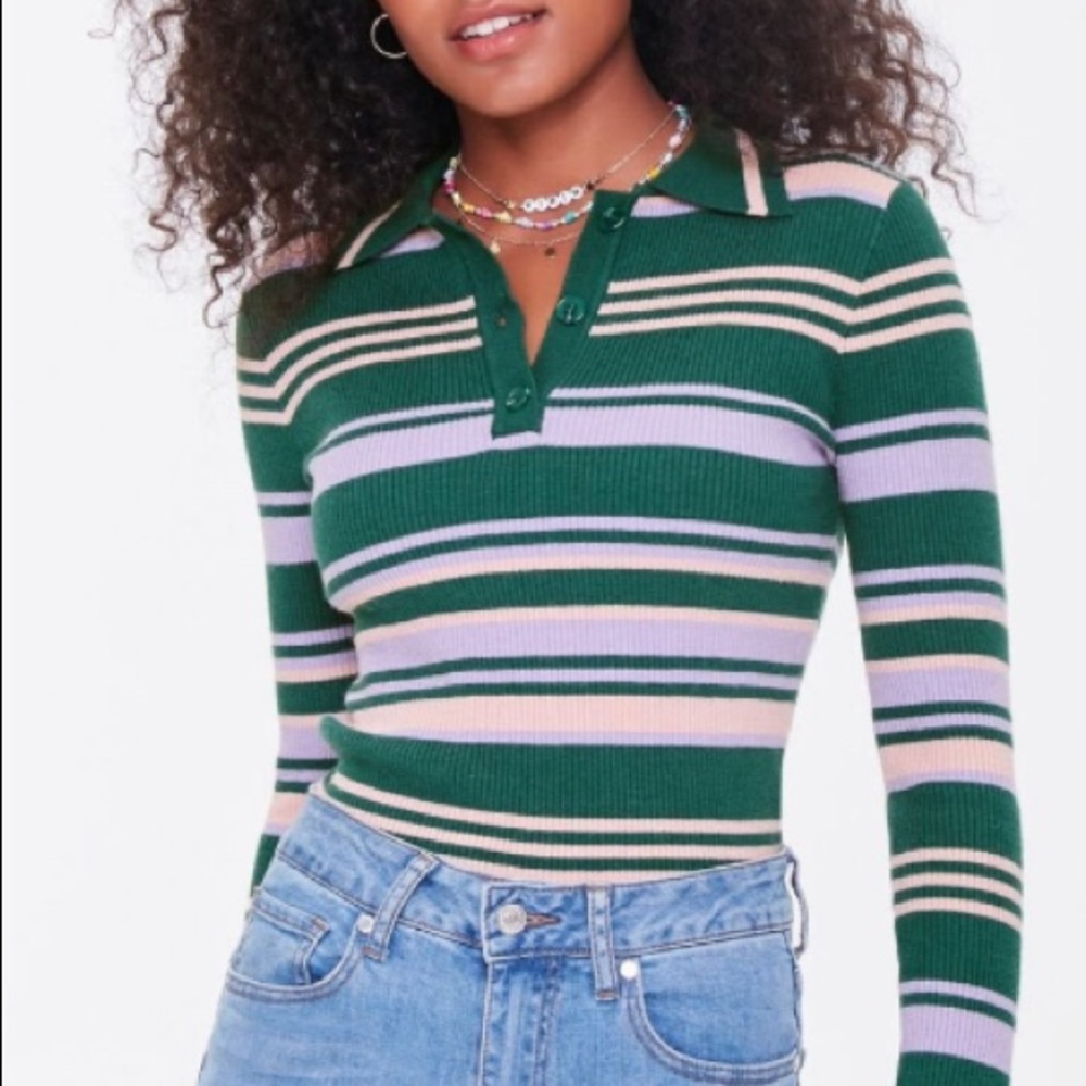 C U T E  F O R E V E R 2 1  L O N G  S L E E V E   Striped Sweater-Knit Shirt